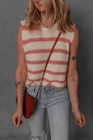 women modeling a cream and blush stripe sleeveless sweater style top