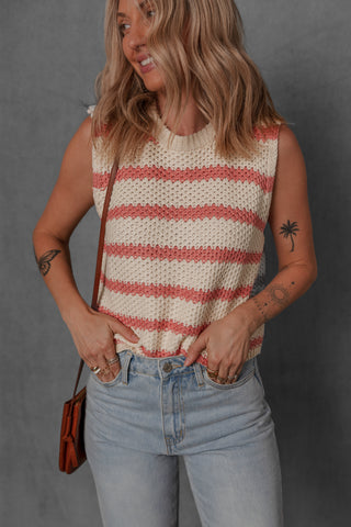 women modeling a cream and blush stripe sleeveless sweater style top