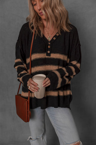 women modeling a black and tan stripe henley sweater