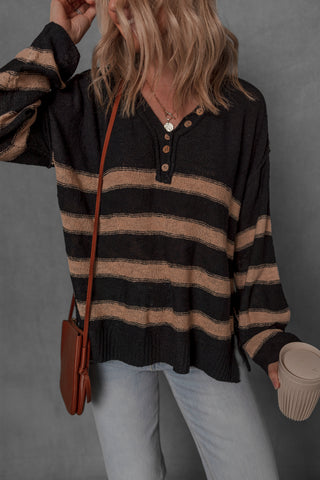 women modeling a black and tan stripe henley sweater