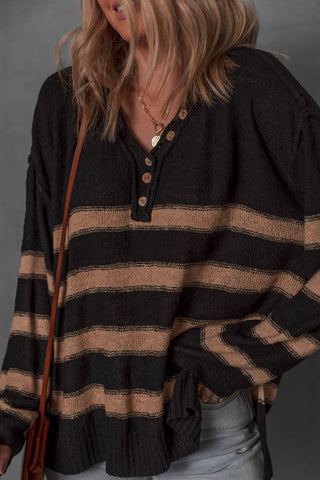 women modeling a black and tan stripe henley sweater