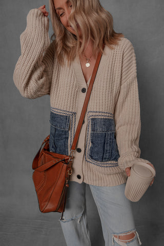 women modeling a knit sweater with denim pockets